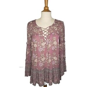 American Eagle Top S Mixed Print Crinkle Boho Prairie Cottagecore Bell Sleeves